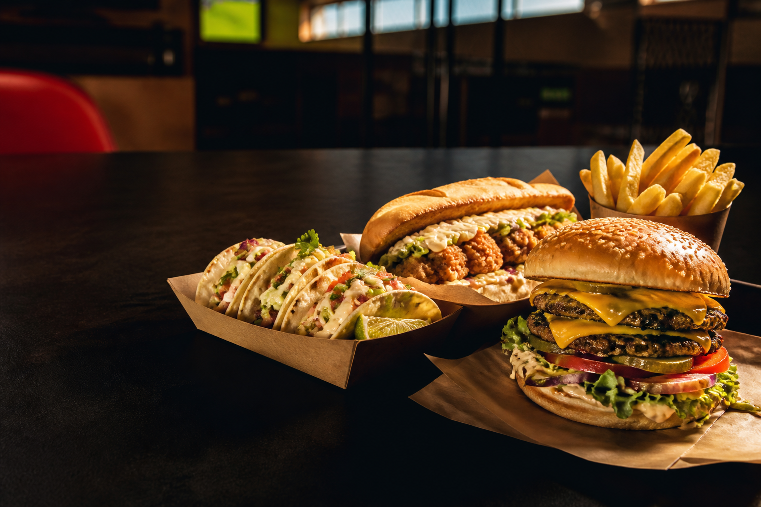 A loaded smash burger, crispy chicken sub, tacos and fries on a dark table.